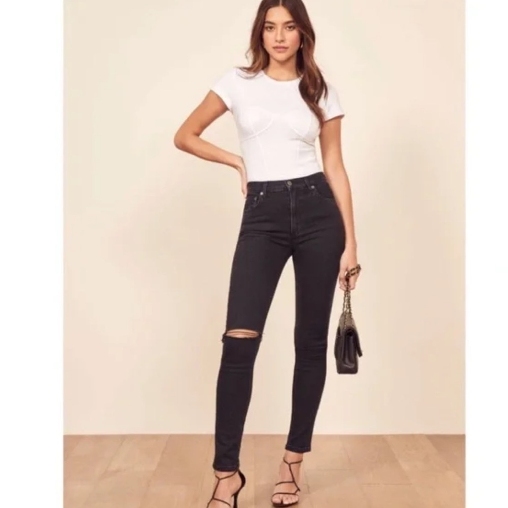 Reformation Serena high rise skinny jeans stretchy faded black destroyed NWOT 27